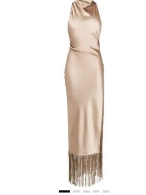 Nanushka Taupe Satin Fringe Maxi Dress